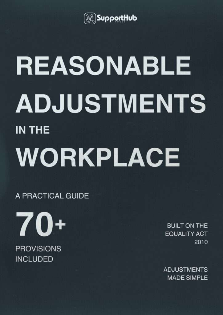 Cover of the “Reasonable Adjustments in the Workplace” guide by SupportHub Tools. The text reads: “A practical guide. 70 provisions included. Built on the Equality Act 2010. Adjustments made simple.” The background is dark blue with a subtle texture, and the SupportHub logo appears at the top.