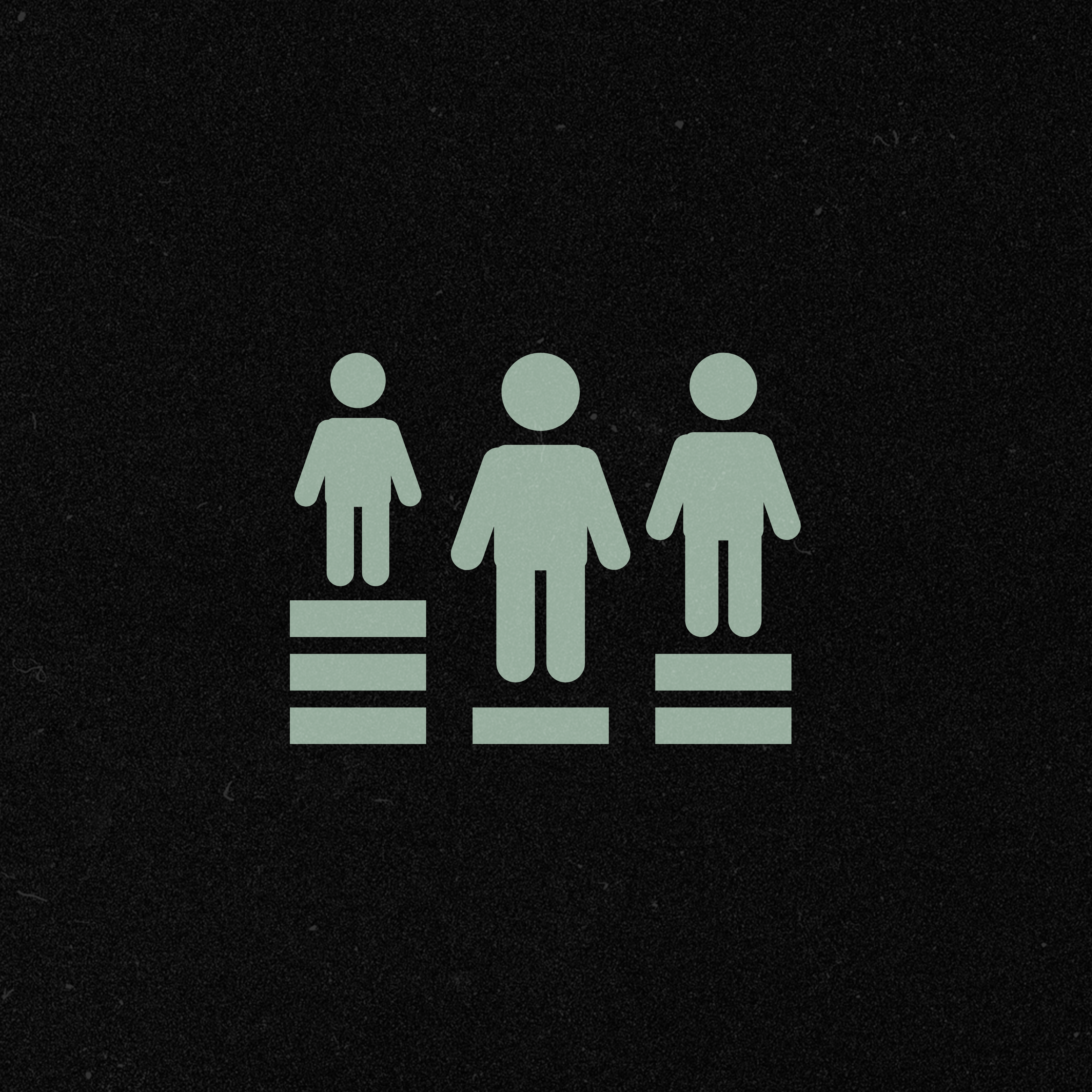 Sage green graphic of three people standing on different levels of blocks to balance them to the same height on black background