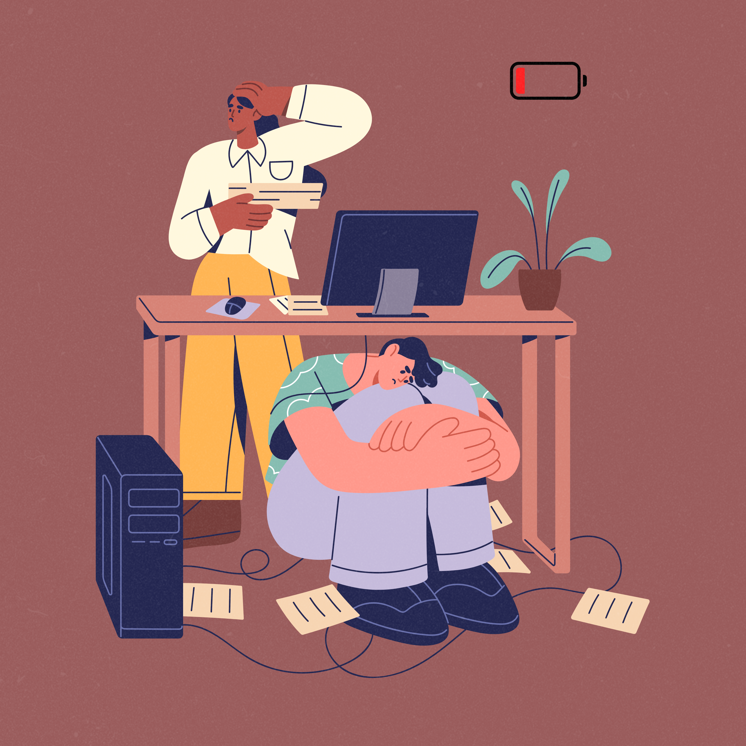 A soft brown background with a foreground graphic of someone looking for their colleague and their colleague is hiding under the desk, seemingly distressed. The top right corner is a graphic of a low battery icon