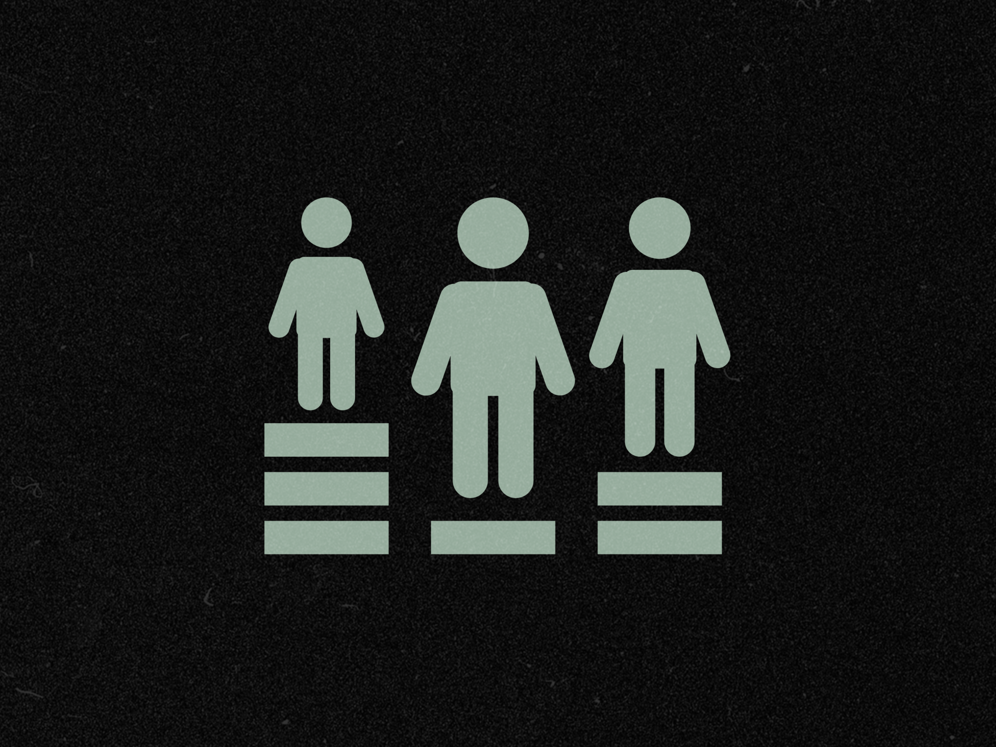 Sage green graphic of three people standing on different levels of blocks to balance them to the same height on black background